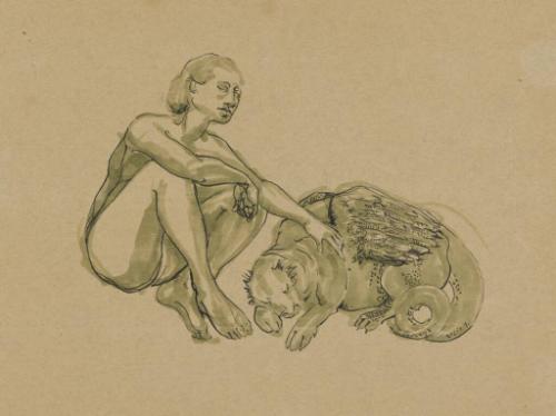 Untitled (Female figure with mythical animal)