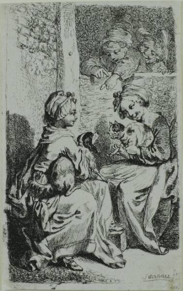 Die beiden Mädchen mit Katze und Hund