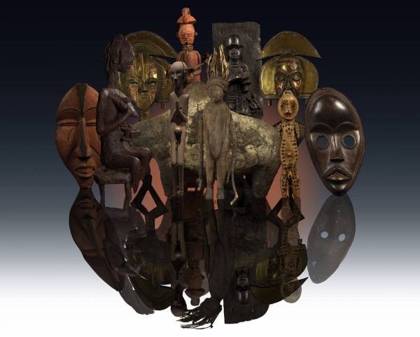 Africa: (left) Republic of Congo, Mask; Mali, Mother and Child for the Gwan Assoc.; Kota Peoples, Obamba or Mindumu groups, Janus Reliquary Guardian Figure; Republic of the Congo, Figure of Hunter; Nigeria, Plaque; Republic of Congo, Figure; Liberia, Mask; (center) Indonesia, Magical Figure of the Toba Bakat, (Louvre); Cote d’Ivoire, Fetish Figure; Republic of Mali, Boli (Komo Society Altar) (all LACMA) from the series Constellations