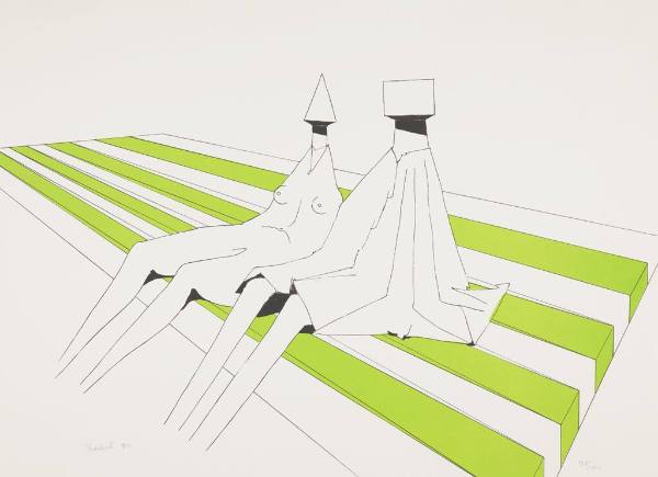 Two Figures Sitting on Stripes II