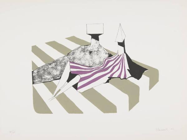 Two Figures Sitting on Stripes I